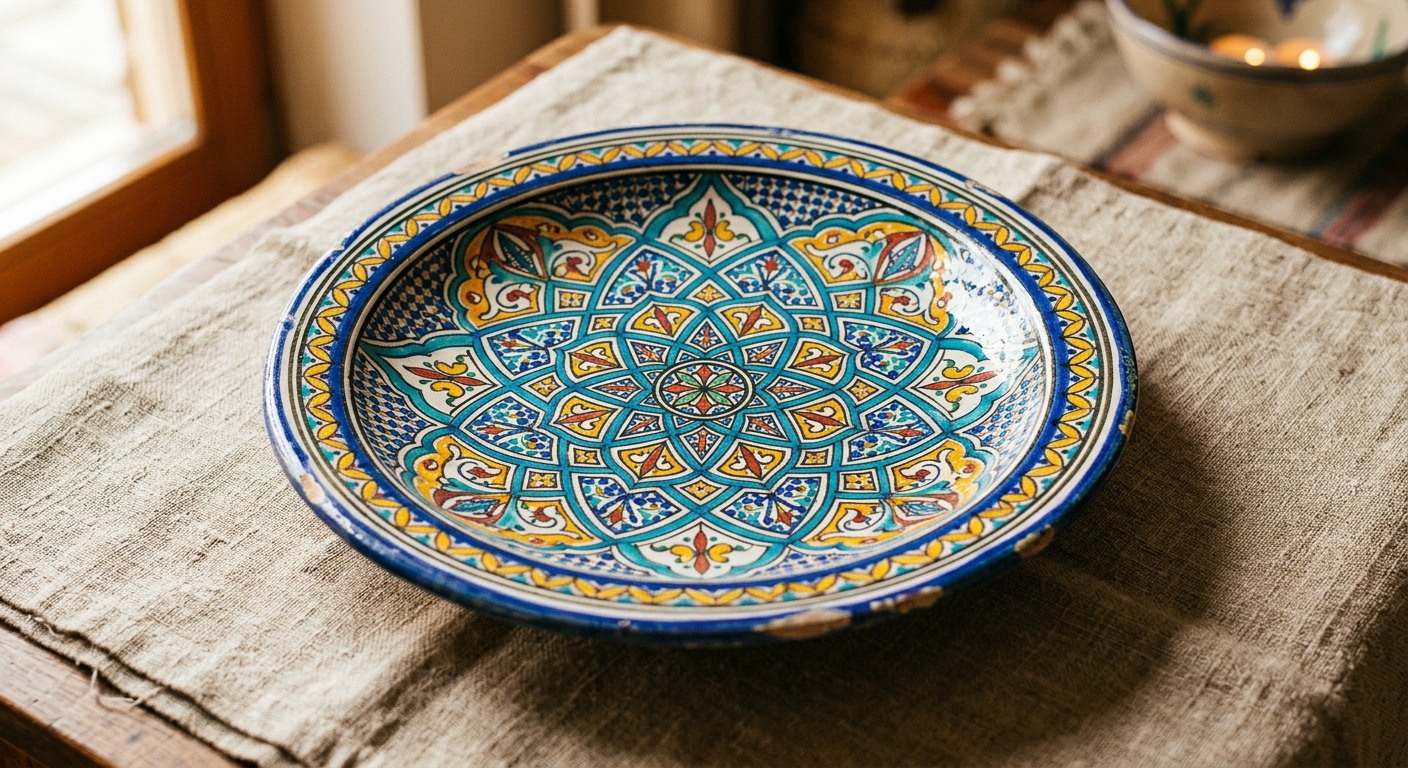 Gros plan sur une assiette en ceramique marocaine decoree de motifs geometriques et floraux