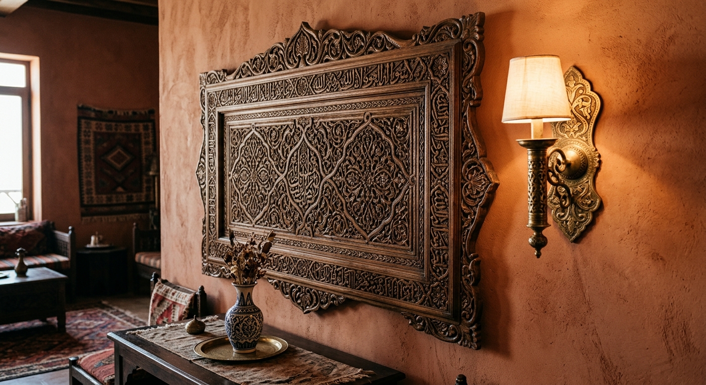 Panneau mural en bois sculpte avec motifs arabesques et applique en laiton
