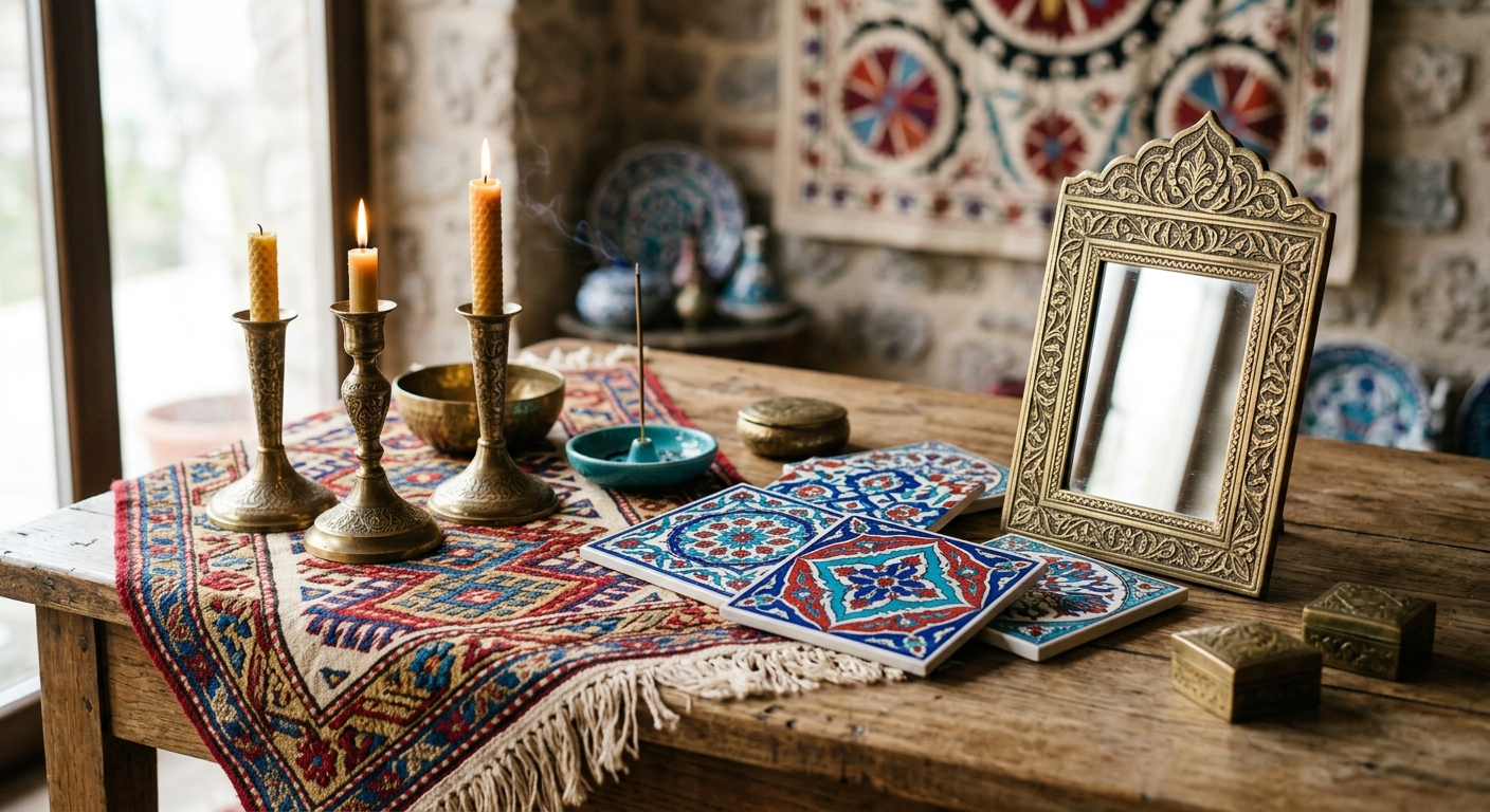 Objets de decoration orientale : carreaux de ceramique, bougeoirs en laiton et textiles brodes