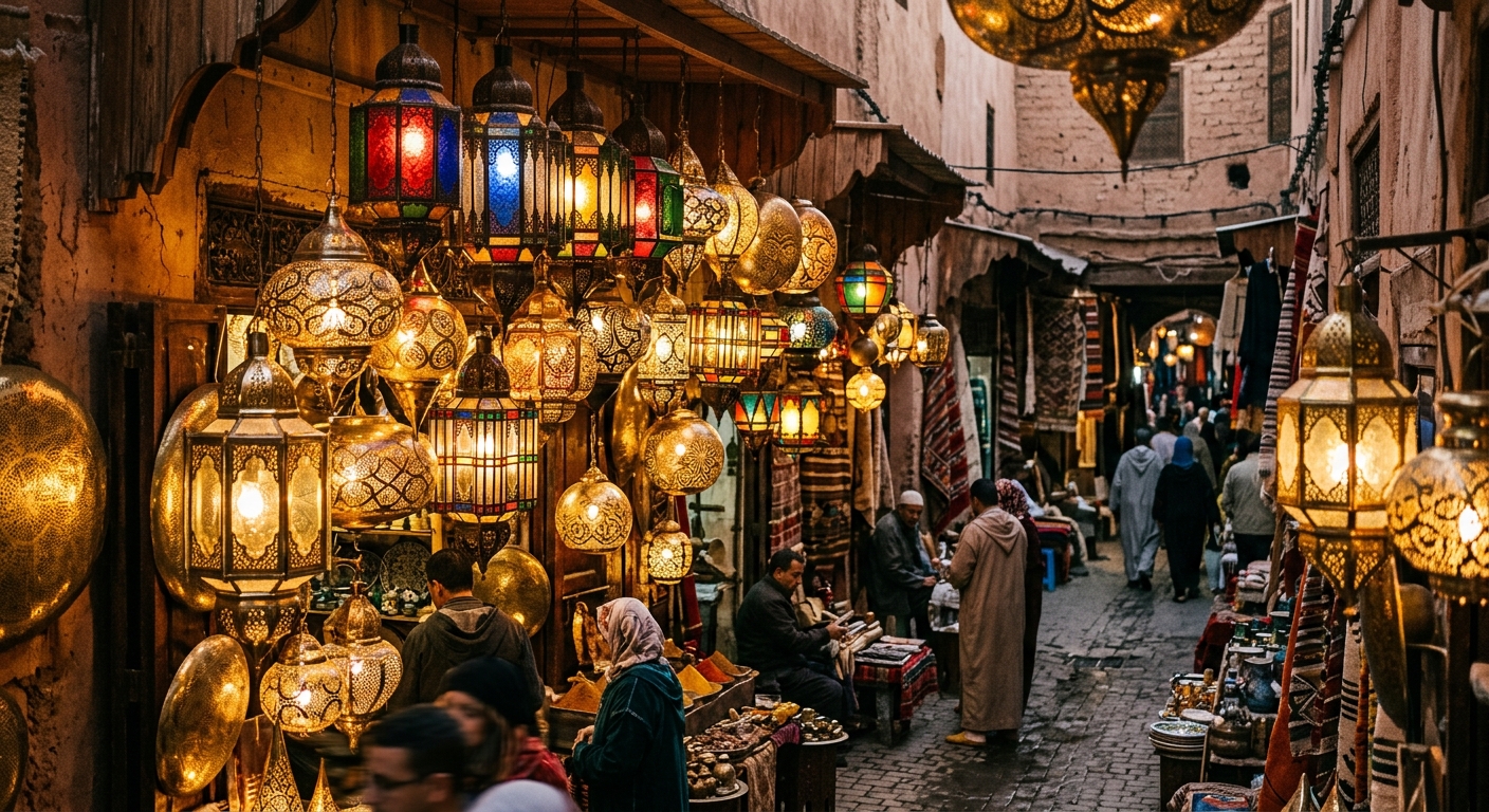 Lanternes marocaines en laiton dans un souk de Marrakech