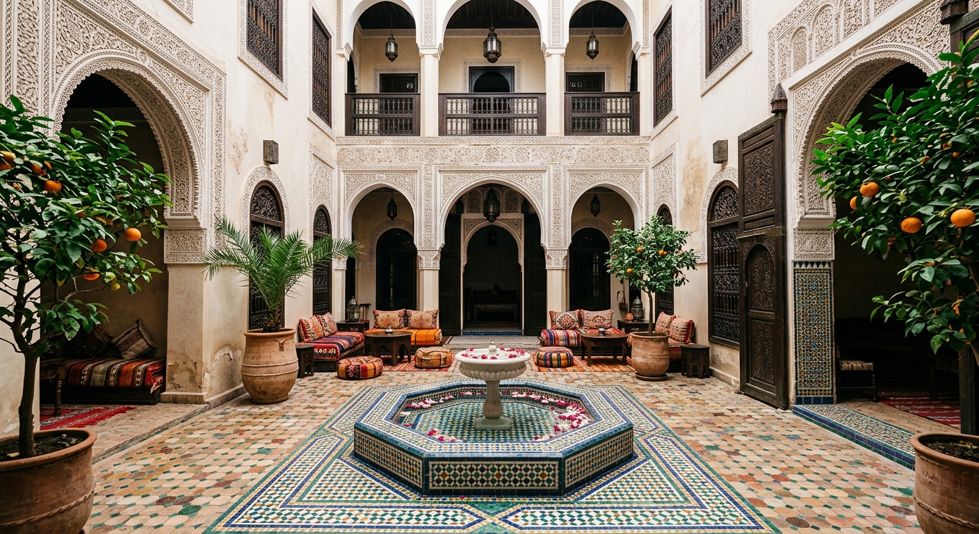 Cour interieure d'un riad a Marrakech avec fontaine en zellige et murs en tadelakt