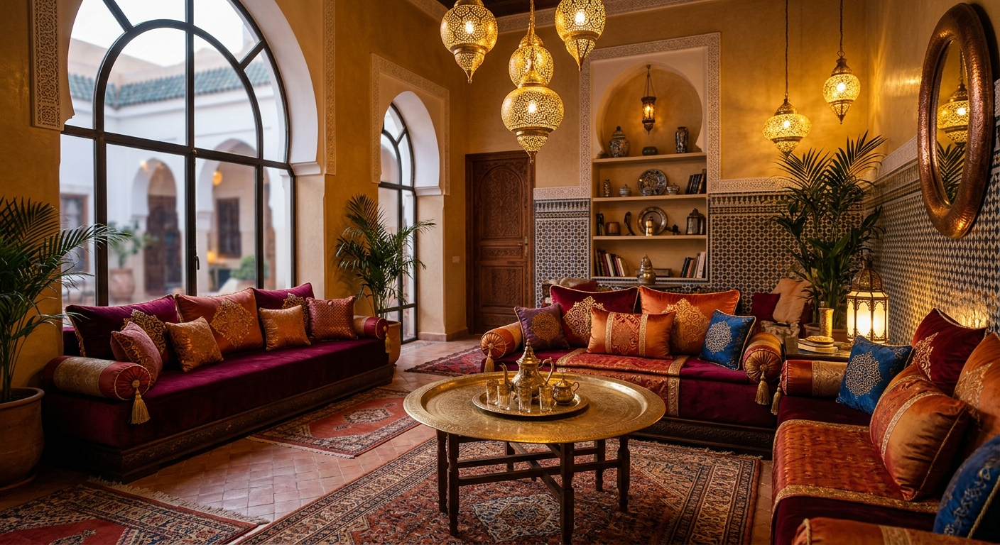 Salon decore dans un style oriental avec lanternes en laiton et coussins en soie