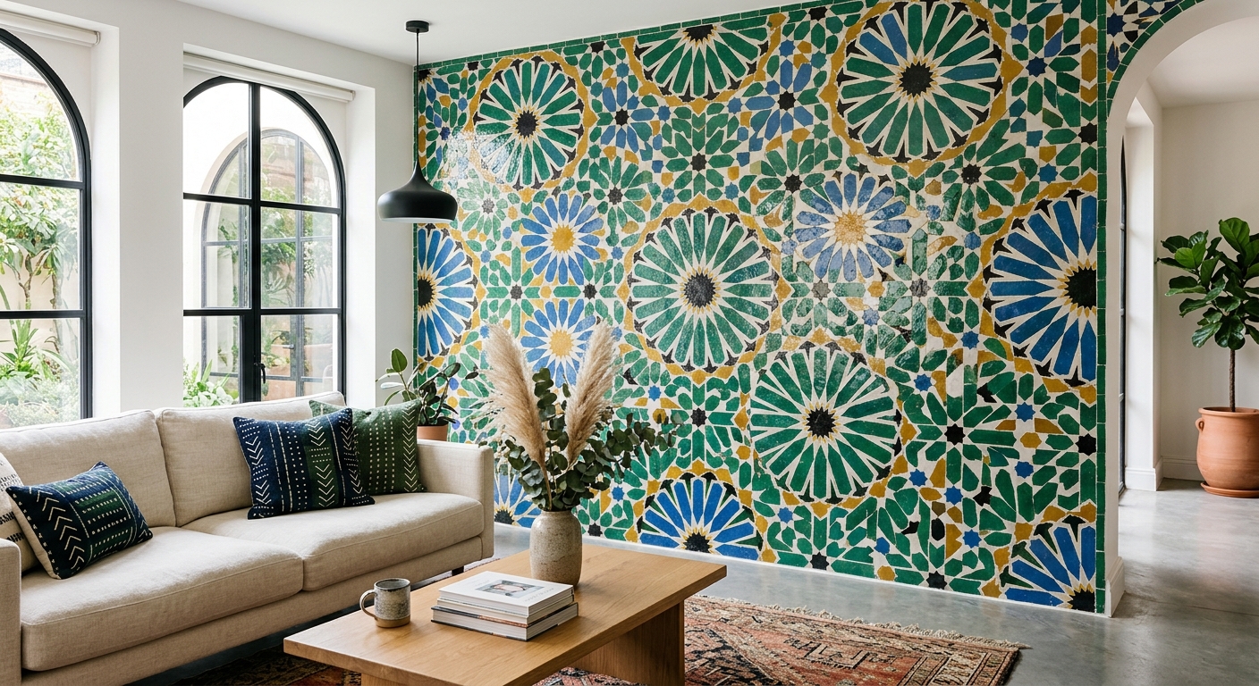 Mur recouvert de mosaique zellige en motif etoile avec carreaux verts, bleus et blancs